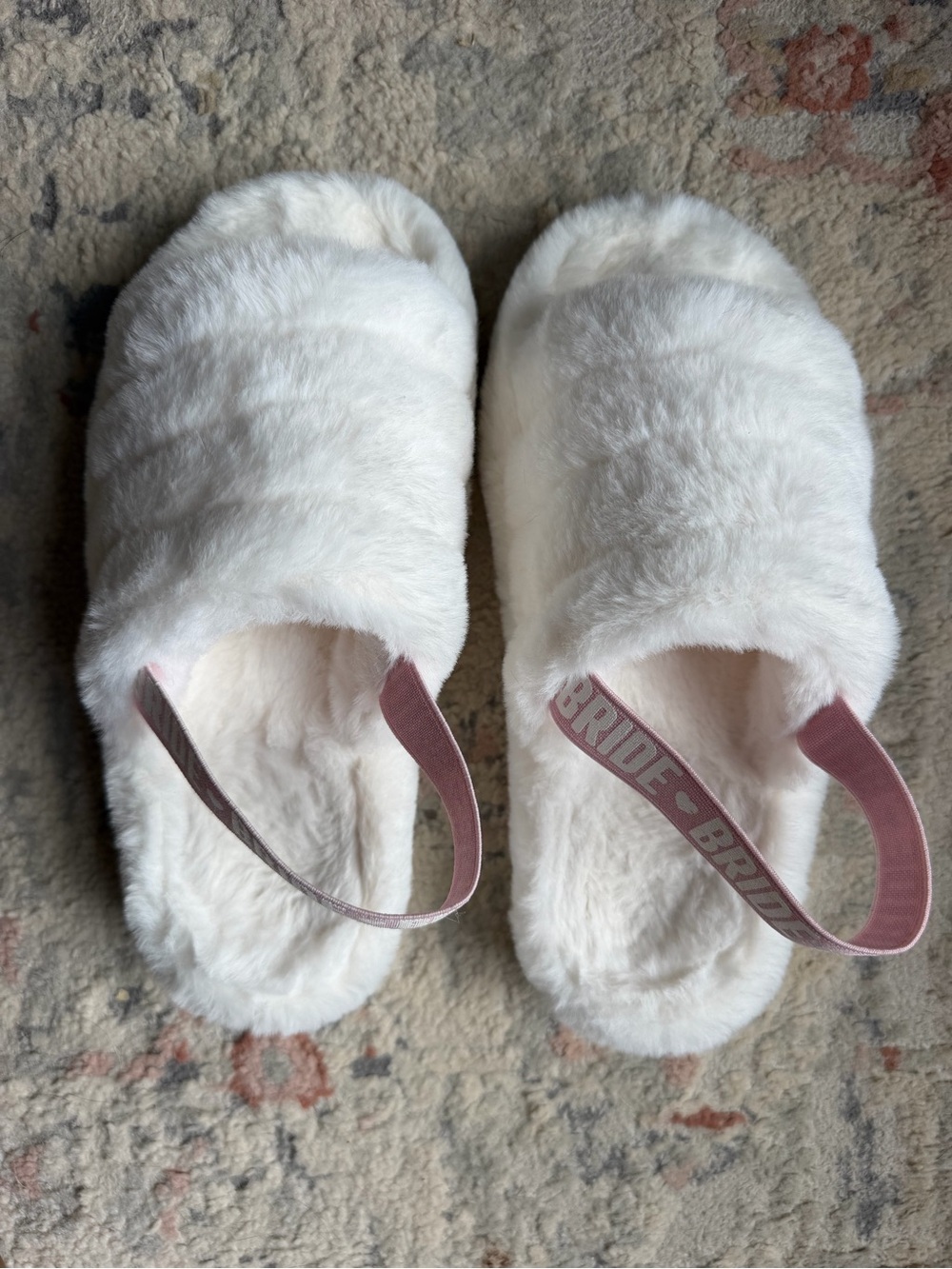 White Faux Fur Slide Slippers with Pink Bridal Strap
